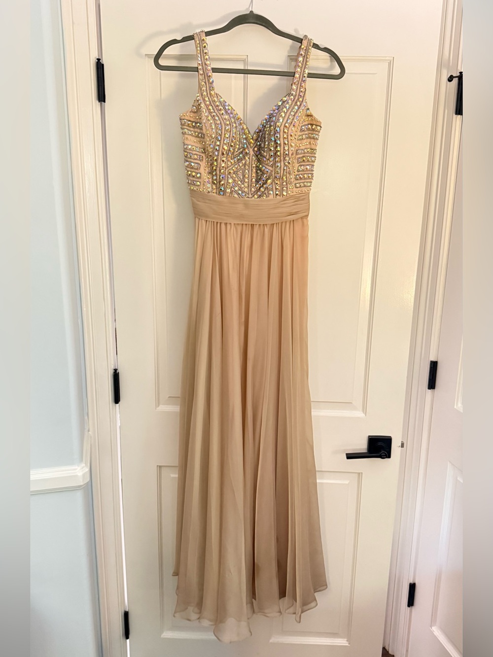 La Femme Beaded Champagne Maxi Dress